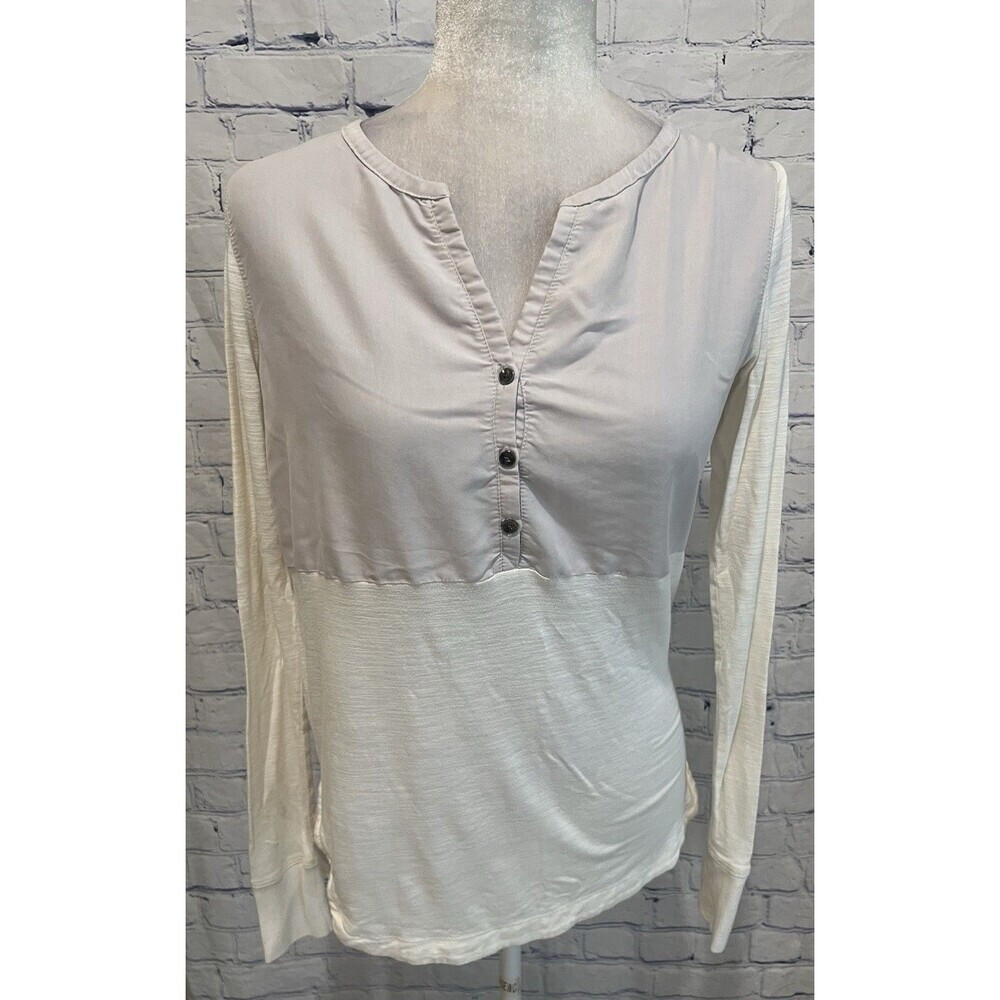 Calvin Klein Women White Cream/gray Long Sleeve Shirt Top Blouse XS